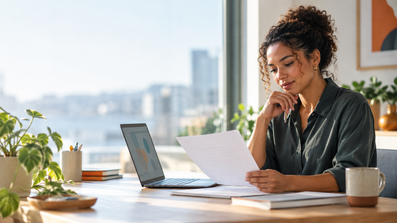 Professional reviewing a document beside a laptop