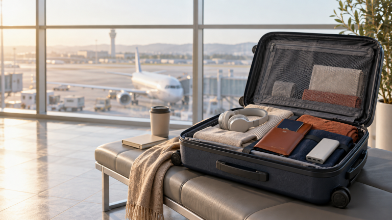 Open carry-on suitcase in an airport terminal