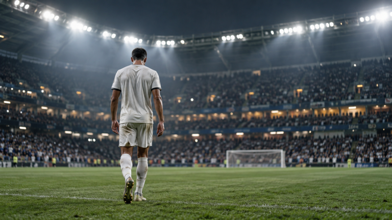 Generic footballer walking across a stadium after an international match