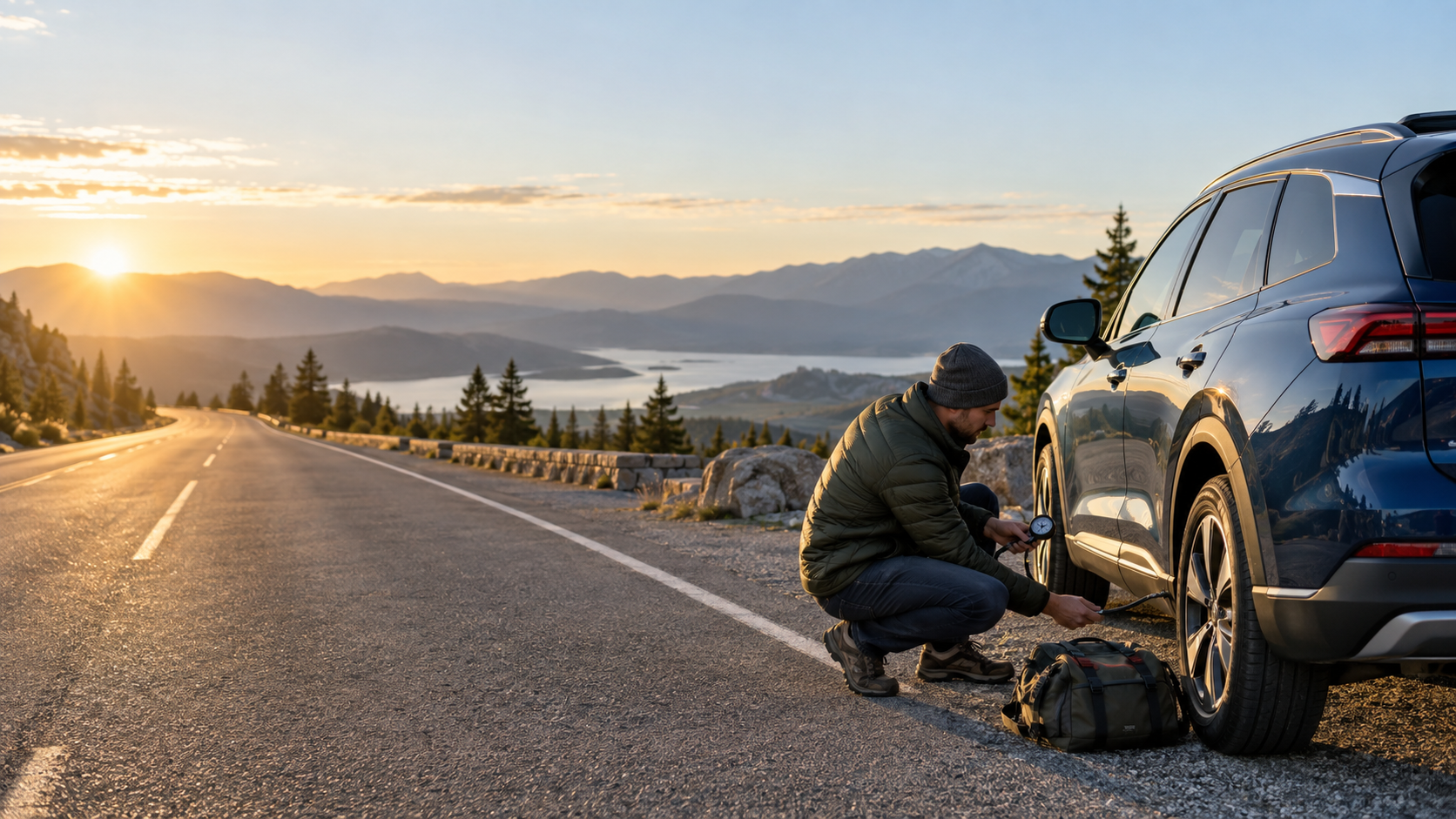 Driver checking a vehicle tyre before a road trip