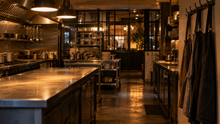 Quiet professional kitchen after service under warm lights